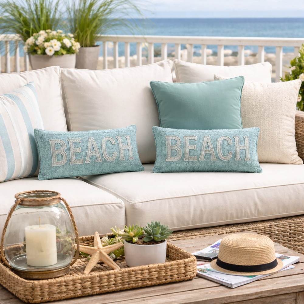 Primitives Kathy Beach 2-Pillows 15x7 Blue Textured Cotton Throw Coastal Decor